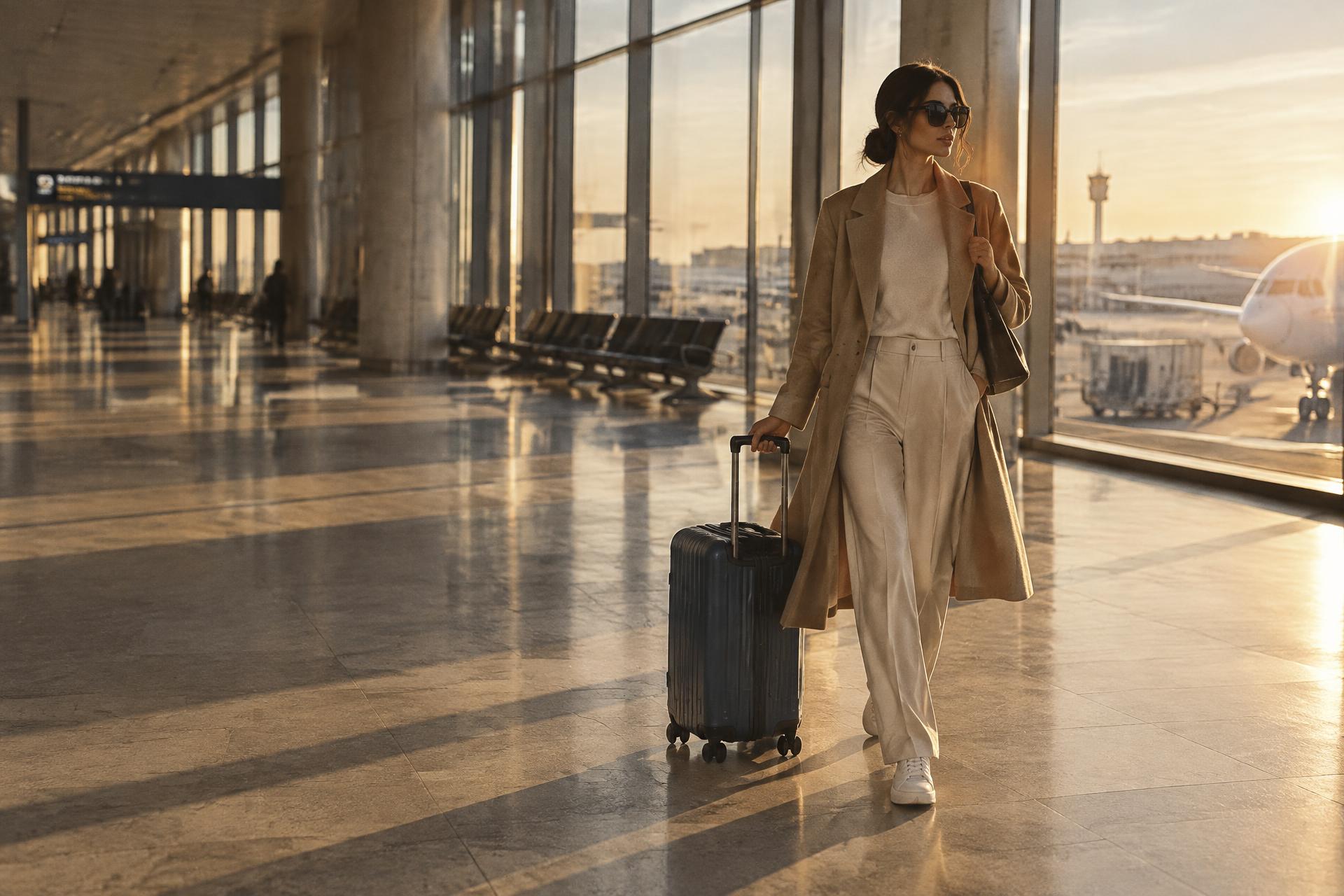A traveller crossing a sunlit terminal with a House of Blessings carry-on